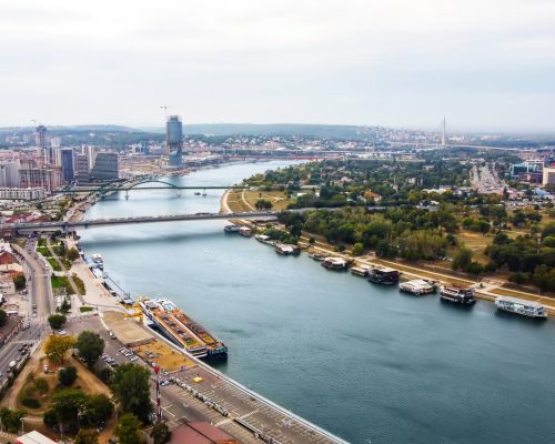 Aerial drone view of Belgrade, Serbia. City center with river and bridges, a lot of buildings and greenery