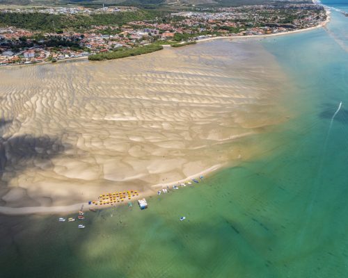 Aerial view of Gunga Beach or "Praia do Gunga", with its clear waters and coconut trees, Maceio, Alagoas. Northeast region of Brazil.