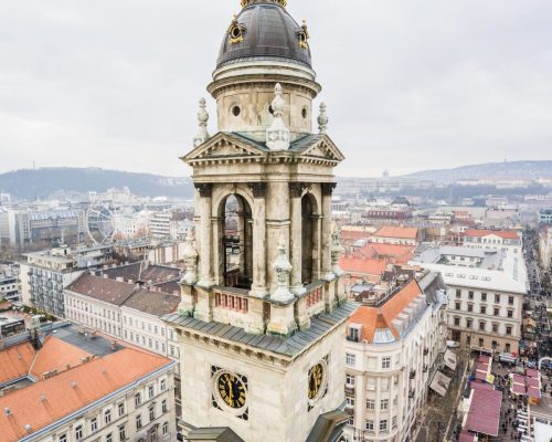 A vertical aerial shot of a tower on the St. Stephen's Basilica in Budapest