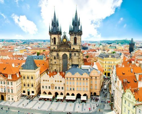 Monuments of Prague. Old Town with Tyn Church and on square.