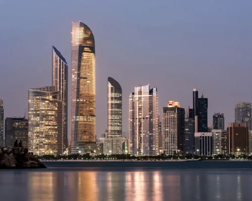 June 23, 2018: Abu Dhabi Seascape with skyscrapers in the background at evening, UAE