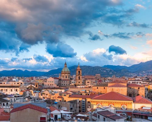 Beautiful panoramic aerial view of Palermo with Church of the Gesu and Carmine church at sunrise, Sicily, Italy