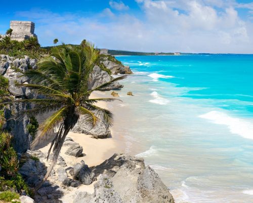 Tulum Mayan city ruins in Riviera Maya at the Caribbean of Mayan Mexico