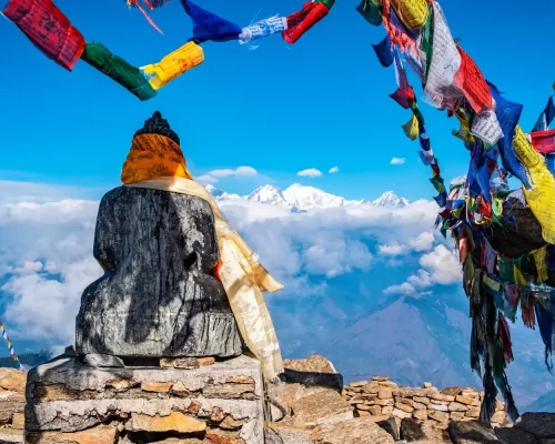 Scenic situatated buddha statue, decorated and surrounded from prayer flags.