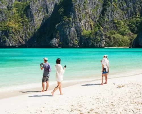 Beautiful scenery of Maya Bay beach on Phi Phi island, Krabi, Thailand. landmark, destination Southeast Asia Travel, vacation and holiday concept