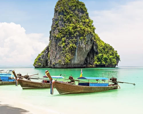 Longtale boats at the beautiful beach, Thailand - focus on the boats