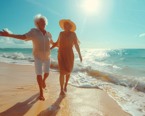 An elderly couple strolls along the shore, hand in hand, under the bright sunlight. They are happy and enjoying the beach and the beautiful sky