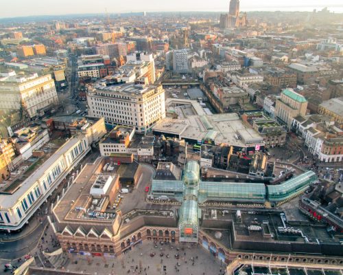 Aerial view of the Liverpool from a view point, United Kingdom. Old and modern buildings and bare trees