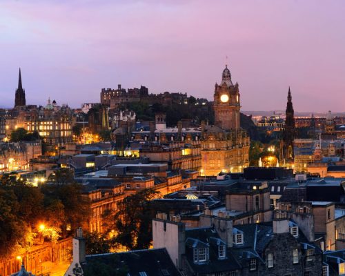 Edinburgh city view panorama at night in UK.