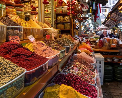 A vibrant and bustling spice market in the heart of the city.